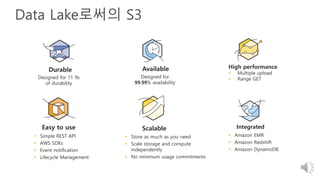 Data Lake로써의 S3
Designed for 11 9s
of durability
Designed for
99.99% availability
Durable Available High performance
 Multiple upload
 Range GET
 Store as much as you need
 Scale storage and compute
independently
 No minimum usage commitments
Scalable
 Amazon EMR
 Amazon Redshift
 Amazon DynamoDB
Integrated
 Simple REST API
 AWS SDKs
 Event notification
 Lifecycle Management
Easy to use
 