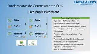 The Big Data Company
Fundamentos do Gerenciamento QLIK
Enterprise Environment
Enterprise Environment
• Engine(s) e Scheduler(s) dedicado (s)
• Separação opcional do proxy da Engine
• Permite a redundância de componentes voltados
ao usuário (Proxy e Engine) para requisitos de
failover locais
• Permite o isolamento de aplicativos e / ou
atividades
• Permite redundância do Qlik Sense Scheduler
• Nomeação automática de nó central
• Recursos dedicados para banco de dados de
repositório e sistema de arquivos
• Pode escalar horizontalmente
Scheduler Scheduler
Engine
Proxy
Engine
Proxy
Rim
Rim
Rim
Central / Active Central / Passive
File SystemRepository Rim
 