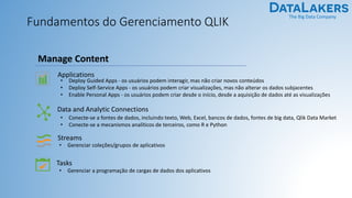 The Big Data Company
Fundamentos do Gerenciamento QLIK
Applications
• Deploy Guided Apps - os usuários podem interagir, mas não criar novos conteúdos
• Deploy Self-Service Apps - os usuários podem criar visualizações, mas não alterar os dados subjacentes
• Enable Personal Apps - os usuários podem criar desde o início, desde a aquisição de dados até as visualizações
Manage Content
Data and Analytic Connections
• Conecte-se a fontes de dados, incluindo texto, Web, Excel, bancos de dados, fontes de big data, Qlik Data Market
• Conecte-se a mecanismos analíticos de terceiros, como R e Python
Streams
• Gerenciar coleções/grupos de aplicativos
Tasks
• Gerenciar a programação de cargas de dados dos aplicativos
 