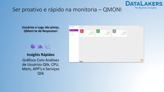 The Big Data Company
Ser proativo e rápido na monitoria – QMONI
Insights Rápidos
Gráficos Com Análises
de Usuários Qlik, CPU,
Mem, APP’s e Serviços
Qlik
Usuários e Logs são pistas,
QMoni te dá Respostas!
 