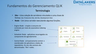 The Big Data Company
Fundamentos do Gerenciamento QLIK
Terminologia
• Site – Uma coleção de servidores vinculados a uma chave de
licença. (ex: Production Site, QA Site, Development Site)
• Node – Um único servidor executando algumas funções.
• Engine Node - criação e consumo de
conteúdo por meio do associative indexing
engine
• Scheduler Node - aplicativos recarregados via
componente de agendamento
• Central Node - armazenamento central e
coordenador de aplicativos e dados de
repositórios. Os nós não centrais são
denominados ‘Rim’ nodes.
 