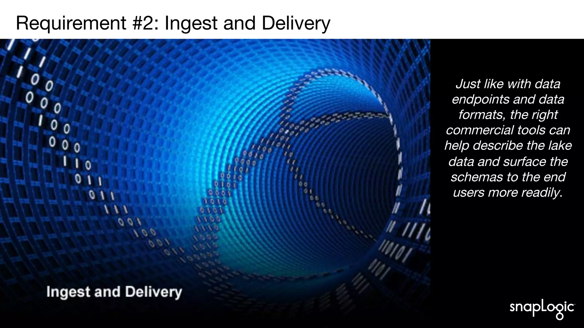 3
Requirement #2: Ingest and Delivery

Just like with data
endpoints and data
formats, the right
commercial tools can
help describe the lake
data and surface the
schemas to the end
users more readily.
 