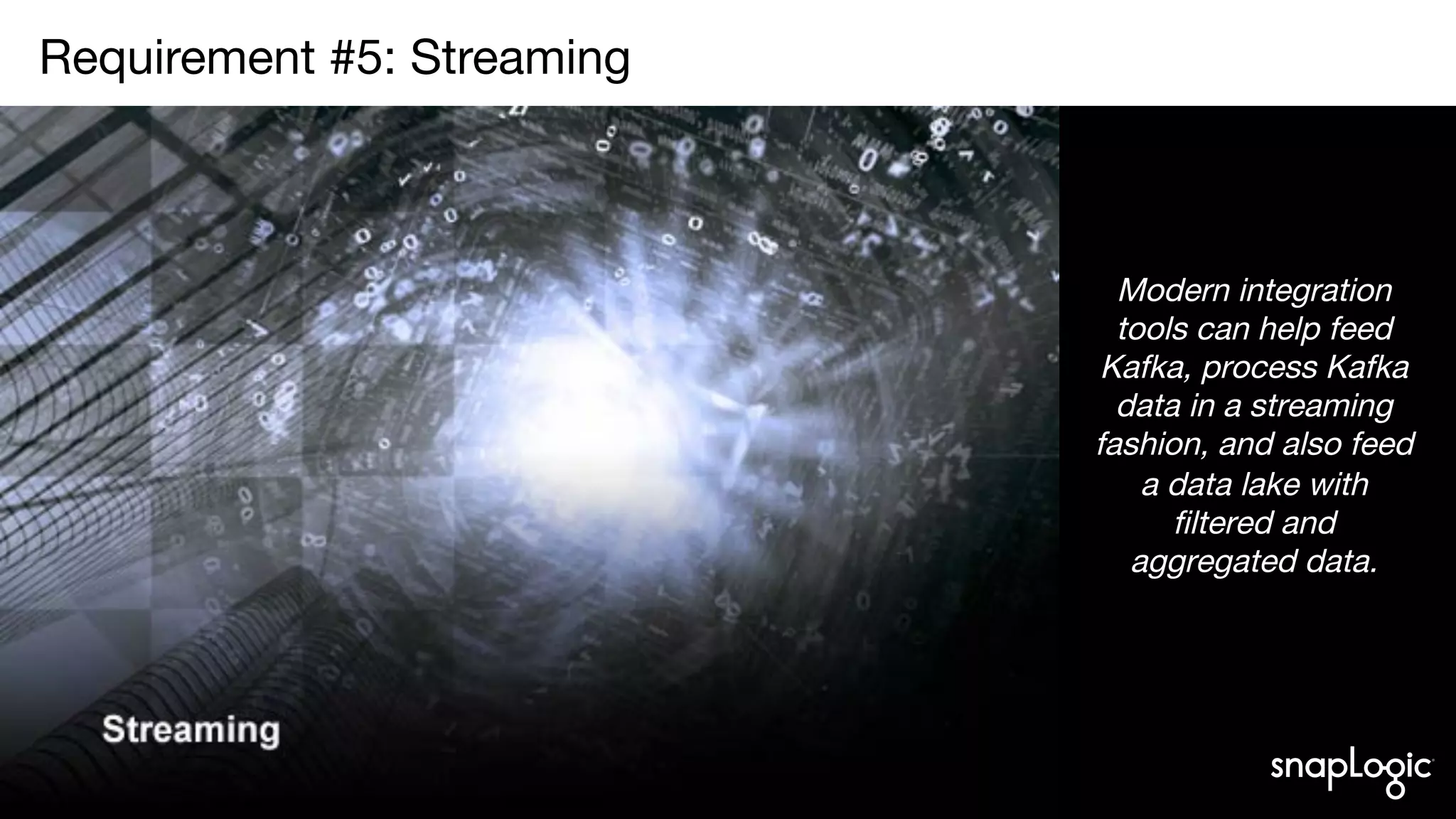 6
Requirement #5: Streaming

Modern integration
tools can help feed
Kafka, process Kafka
data in a streaming
fashion, and also feed
a data lake with
filtered and
aggregated data.
 