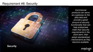 9
Requirement #8: Security

Commercial
products can serve
as a gateway to the
data lake and
provide a good
amount of secur...