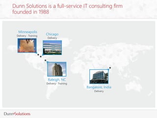 Dunn Solutions is a full-service IT consulting firm
founded in 1988
Raleigh, NC
Delivery  Training
Bangalore, India
Deliv...