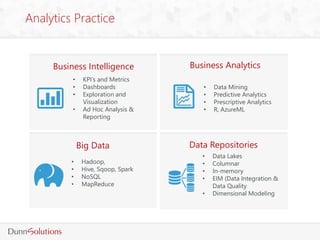 Business Intelligence
Big Data
Data IntegrationBusiness Analytics
Data Repositories
• KPI’s and Metrics
• Dashboards
• Exp...