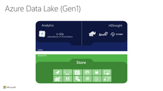 WebHDFS
YARN
U-SQL
(extensible by C#, R and Python)
Analytics HDInsight
Store
Azure Data Lake (Gen1)
 