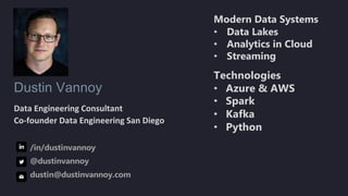 Dustin Vannoy
Data Engineering Consultant
Co-founder Data Engineering San Diego
/in/dustinvannoy
@dustinvannoy
dustin@dustinvannoy.com
Technologies
• Azure & AWS
• Spark
• Kafka
• Python
Modern Data Systems
• Data Lakes
• Analytics in Cloud
• Streaming
 