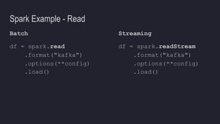 Spark Example - Read
df = spark.readStream
.format("kafka")
.options(**config)
.load()
df = spark.read
.format("kafka")
.options(**config)
.load()
Batch Streaming
 