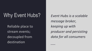 Why Event Hubs?
Reliable place to
stream events;
decoupled from
destination
Event Hubs is a scalable
message broker,
keeping up with
producer and persisting
data for all consumers
 