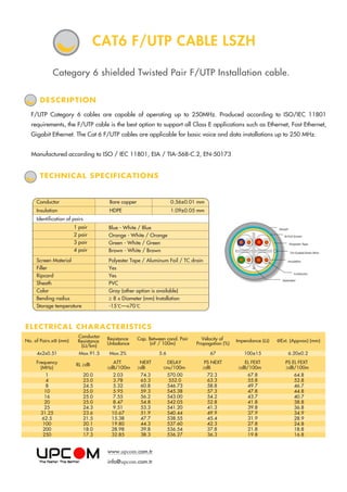ELECTRICAL CHARACTERISTICS
Category 6 shielded Twisted Pair F/UTP Installation cable.
TECHNICAL SPECIFICATIONS
F/UTP Category 6 cables are capable of operating up to 250MHz. Produced according to ISO/IEC 11801
requirements, the F/UTP cable is the best option to support all Class E applications such as Ethernet, Fast Ethernet,
Gigabit Ethernet. The Cat 6 F/UTP cables are applicable for basic voice and data installations up to 250 MHz.
Manufactured according to ISO / IEC 11801, EIA / TIA-568-C.2, EN-50173
DESCRIPTION
CAT6 F/UTP CABLE LSZH
No. of Pairs.xФ (mm)
Conductor
Resistance
(Ω/km)
Resistance
Unbalance
Cap. Between cond. Pair
(nF / 100m)
Velocity of
Propagation (%)
Impendance (Ω) ФExt. (Appvox) (mm)
4x2x0.51 Max.91.5 Max.2% 5.6 67 100±15
ATT
≤dB/100m
NEXT
≥dB
DELAY
≤ns/100m
PS NEXT
≥dB
EL FEXT
≥dB/100m
Frequency
(MHz)
RL ≥dB
1
4
8
10
16
20
25
31.25
62.5
100
200
250
20.0
23.0
24.5
25.0
25.0
25.0
24.3
23.6
21.5
20.1
18.0
17.3
2.03
3.78
5.32
5.95
7.55
8.47
9.51
10.67
15.38
19.80
28.98
32.85
74.3
65.3
60.8
59.3
56.2
54.8
53.3
51.9
47.7
44.3
39.8
38.3
570.00
552.0
546.73
545.38
543.00
542.05
541.20
540.44
538.55
537.60
536.54
536.27
72.3
63.3
58.8
57.3
54.2
52.8
41.3
49.9
45.4
42.3
37.8
36.3
67.8
55.8
49.7
47.8
43.7
41.8
39.8
37.9
31.9
27.8
21.8
19.8
6.20±0.2
PS EL FEXT
≥dB/100m
64.8
52.8
46.7
44.8
40.7
38.8
36.8
34.9
28.9
24.8
18.8
16.8
Polyester Tape / Aluminum Foil / TC drain
Yes
Yes
PVC
Gray (other option is available)
≥ 8 x Diameter (mm) Installation
-15 C—+70 C
Blue - White / Blue
Orange - White / Orange
Green - White / Green
Brown - White / Brown
1 pair
2 pair
3 pair
4 pair
Screen Material
Filler
Ripcord
Sheath
Color
Bending radius
Storage temperature
Conductor Bare copper 0.56±0.01 mm
Insulation HDPE 1.09±0.05 mm
Identification of pairs
www.upcom.com.tr
info@upcom.com.tr
 