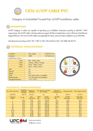 ELECTRICAL CHARACTERISTICS
Category 6 Unshielded Twisted Pair U/UTP Installation cable.
TECHNICAL SPECIFICATIONS
U/UTP Category 6 cables are capable of operating up to 250MHz. Produced according to ISO/IEC 11801
requirements, the U/UTP cable is the best option to support all Class E applications such as Ethernet, Fast Ethernet,
Gigabit Ethernet. The Cat 6 U/UTP cables are applicable for basic voice and data installations up to 250 MHz.
Manufactured according to ISO / IEC 11801-2, ISO / IEC 64156-5, EIA / TIA 568B, EN 50173.
DESCRIPTION
CAT6 U/UTP CABLE PVC
No. of Pairs.xФ (mm)
Conductor
Resistance
(Ω/km)
Resistance
Unbalance
Cap. Between cond. Pair
(nF / 100m)
Velocity of
Propagation (%)
Impendance (Ω) ФExt. (Appvox) (mm)
4x2x0.56 Max.75 Max.5% 56 69 100±15
ATT
≤dB/100m
NEXT
≥dB
DELAY
≤ns/100m
PS NEXT
≥dB
EL FEXT
≥dB/100m
Frequency
(MHz)
RL ≥dB
1
4
8
10
16
20
25
31.25
62.5
100
200
250
20.0
23.0
24.5
25.0
25.0
25.0
24.3
23.6
21.5
20.1
18.0
17.3
2.03
3.78
5.32
5.95
7.55
8.47
9.51
10.67
15.38
19.80
28.98
32.85
74.3
65.3
60.8
59.3
56.2
54.8
53.3
51.9
47.7
44.3
39.8
38.3
570.00
552.0
546.73
545.38
543.00
542.05
541.20
540.44
538.55
537.60
536.54
536.27
72.3
63.3
58.8
57.3
54.2
52.8
41.3
49.9
45.4
42.3
37.8
36.3
67.8
55.8
49.7
47.8
43.7
41.8
39.8
37.9
31.9
27.8
21.8
19.8
6.10±0.3
PS EL FEXT
≥dB/100m
64.8
52.8
46.7
44.8
40.7
38.8
36.8
34.9
28.9
24.8
18.8
16.9
Yes
Yes
PVC
Gray (other option is available)
≥ 8 x Diameter (mm) Installation
-15 C—+70 C
Blue - White / Blue
Orange - White / Orange
Green - White / Green
Brown - White / Brown
1 pair
2 pair
3 pair
4 pair
Filler
Ripcord
Sheath
Color
Bending radius
Storage temperature
Conductor Bare copper 0.56±0.01 mm
Insulation HDPE 0.97±0.05 mm
Identification of pairs
www.upcom.com.tr
info@upcom.com.tr
 