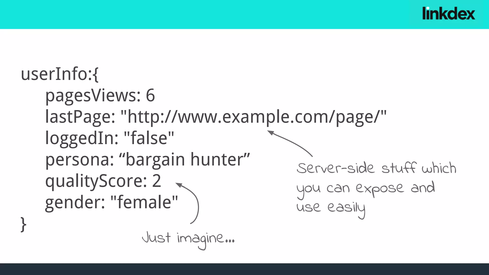 userInfo:{
pagesViews: 6
lastPage: "http://www.example.com/page/"
loggedIn: "false"
persona: “bargain hunter”
qualityScore: 2
gender: "female"
}
Server-side stuff which
you can expose and
use easily
Just imagine...
 