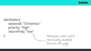attributes:{
seasonal: "Christmas"
priority: "high"
returnFreq: "low"
} Attributes which aren’t
necessarily available
from/on the page
 