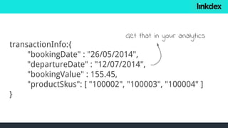 transactionInfo:{
"bookingDate" : "26/05/2014",
"departureDate" : "12/07/2014",
"bookingValue" : 155.45,
"productSkus": [ "100002", "100003", "100004" ]
}
Get that in your analytics
 