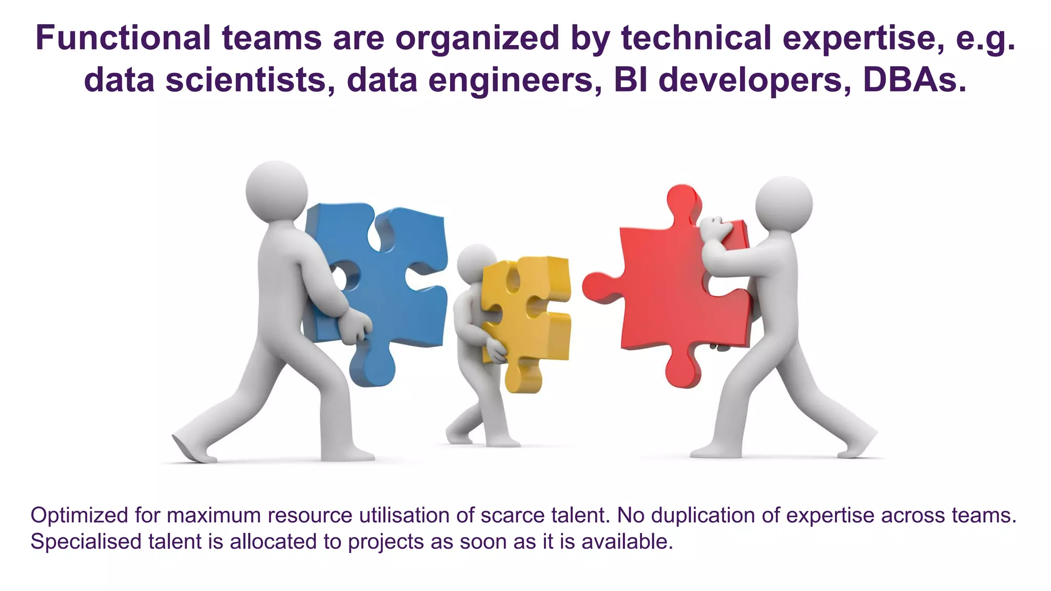 Functional teams are organized by technical expertise, e.g.
data scientists, data engineers, BI developers, DBAs.
Optimized for maximum resource utilisation of scarce talent. No duplication of expertise across teams.
Specialised talent is allocated to projects as soon as it is available.
 