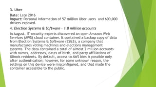 3. Uber
Date: Late 2016
Impact: Personal information of 57 million Uber users and 600,000
drivers exposed.
4. Election Systems & Software – 1.8 million accounts
In August, IT security experts discovered an open Amazon Web
Services (AWS) cloud container. It contained a backup copy of data
from Election Systems & Software (ES&S), a company that
manufactures voting machines and elections management
systems. The data contained a total of almost 2 million accounts
with names, addresses, dates of birth, and party affiliations of
Illinois residents. By default, access to AWS bins is possible only
after authentication; however, for some unknown reason, the
settings on this device were misconfigured, and that made the
container accessible to the public.
 