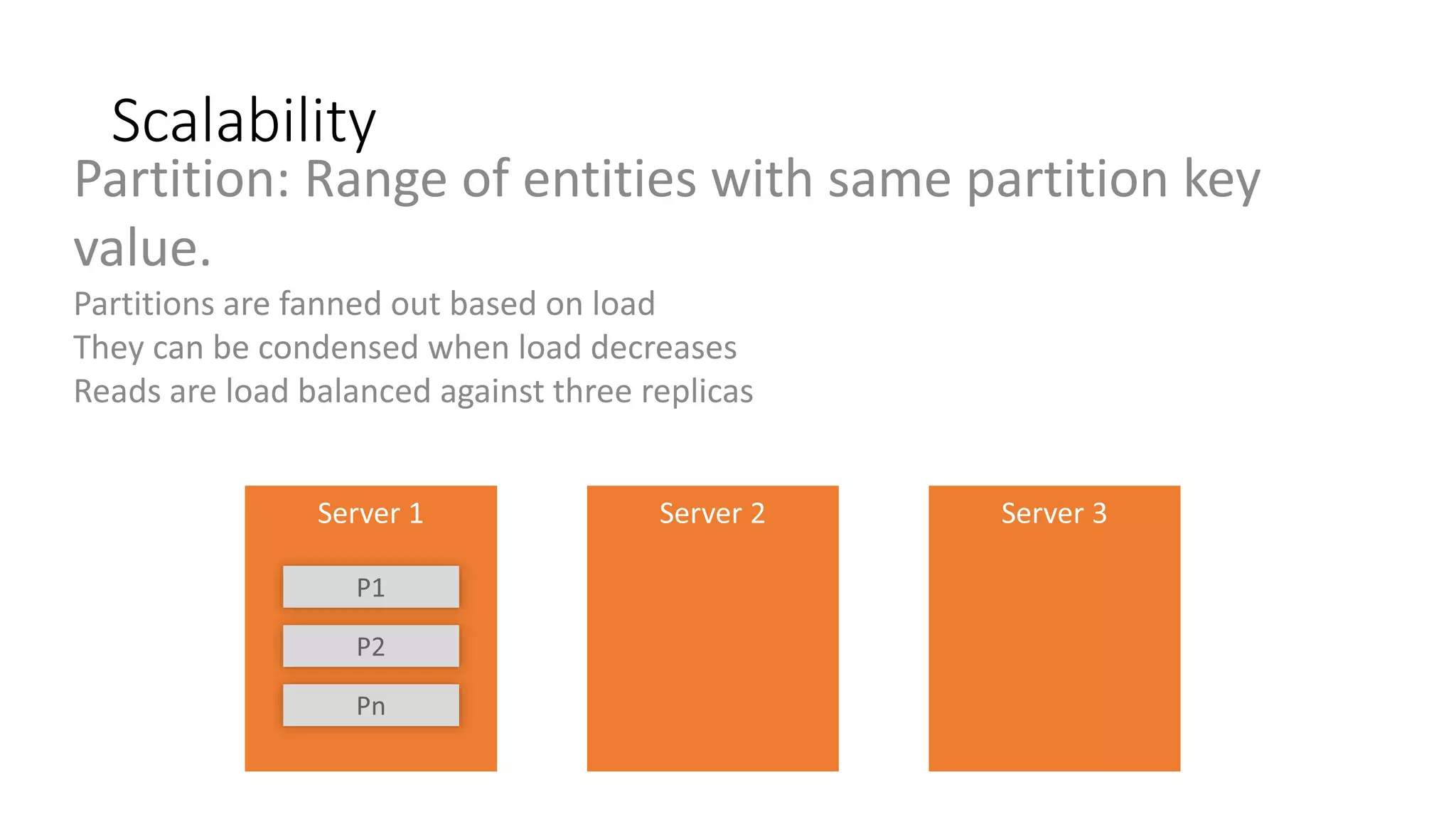 Scalability
Partition: Range of entities with same partition key
value.
Partitions are fanned out based on load
They can be condensed when load decreases
Reads are load balanced against three replicas
 