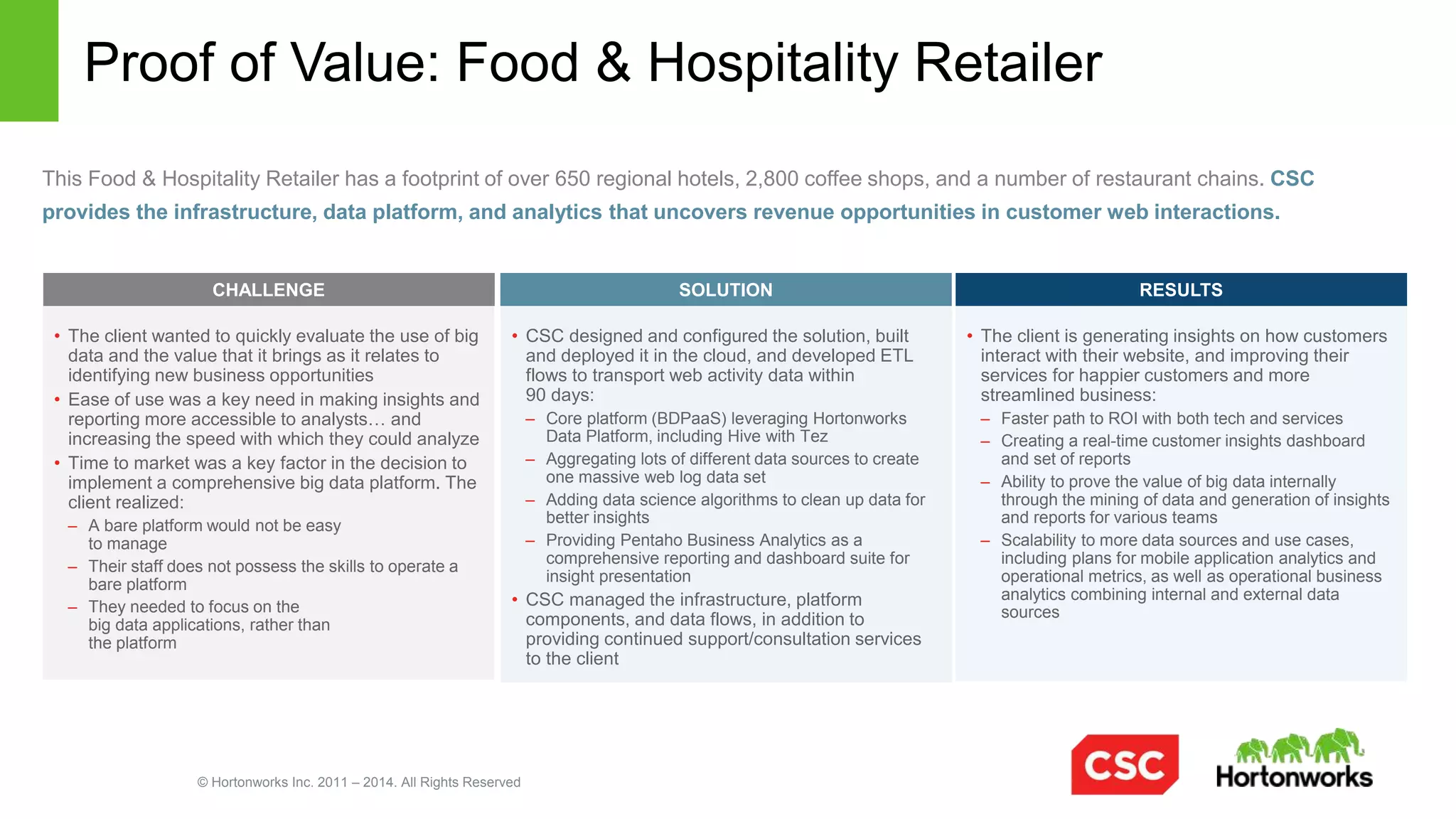 © Hortonworks Inc. 2011 – 2014. All Rights Reserved
Business Unit Strategy: Network Rail
Network Rail manages the most of the rail infrastructure across Great Britain, responsible for control and maintenance of over 2,500 railway
stations, 20,000 miles of track, and 40,000 bridges and tunnels. CSC provides a data and analytics hub for massive amounts of imagery
and analog track monitoring data.
•  Network Rail needed a platform that could not only
store, but also analyze petabytes of data over the
long-term:
–  Track imagery and video data captured via drones
and cameras
–  Vibration data captured via maintenance trains
–  Other forms of large file size analog data crossed
with operational, structured data sets
•  Network Rail wanted to implement the solution
quickly, and ramp up data volumes at a fast pace
•  Goal of leveraging combined services to assist with
loading data, managing the underlying
infrastructure, and working with and analyzing the
data
•  CSC designed and configured the solution, built
and deployed it in the cloud, and developed ETL
flows to import massive amounts of bulk data on an
ongoing basis
–  Core platform (BDPaaS) leveraging Hortonworks
Data Platform, including Hive with Tez
•  CSC’s platform integrated with ESRI ArcGIS for Big
Data geolocation analysis features including
geotagging and geo tiles
•  CSC managed the infrastructure, platform
components, and data flows, in addition to
providing continued support/consultation services
to the client
•  Network Rail is generating insights on how to
prioritize in near real-time the improvement and
maintenance of the massive railway track and
infrastructure footprint
–  Advanced analytics of analog data, including
geolocation capabilities
–  Ability to handle the scale required by the massive
amount of data under management and data growth
–  Complete transformation of a business unit’s
analytics capability on track for success in less than
12 months
SOLUTIONCHALLENGE RESULTS
 