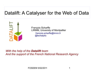 Datalift: A Catalyser for the Web of Data

                   François Scharffe
                   LIRMM, University of Montpellier
                      francois.scharffe@lirmm.fr
                      @lechatpito




With the help of the Datalift team
And the support of the French National Research Agency



                FOSDEM 5/02/2011                      1
 
