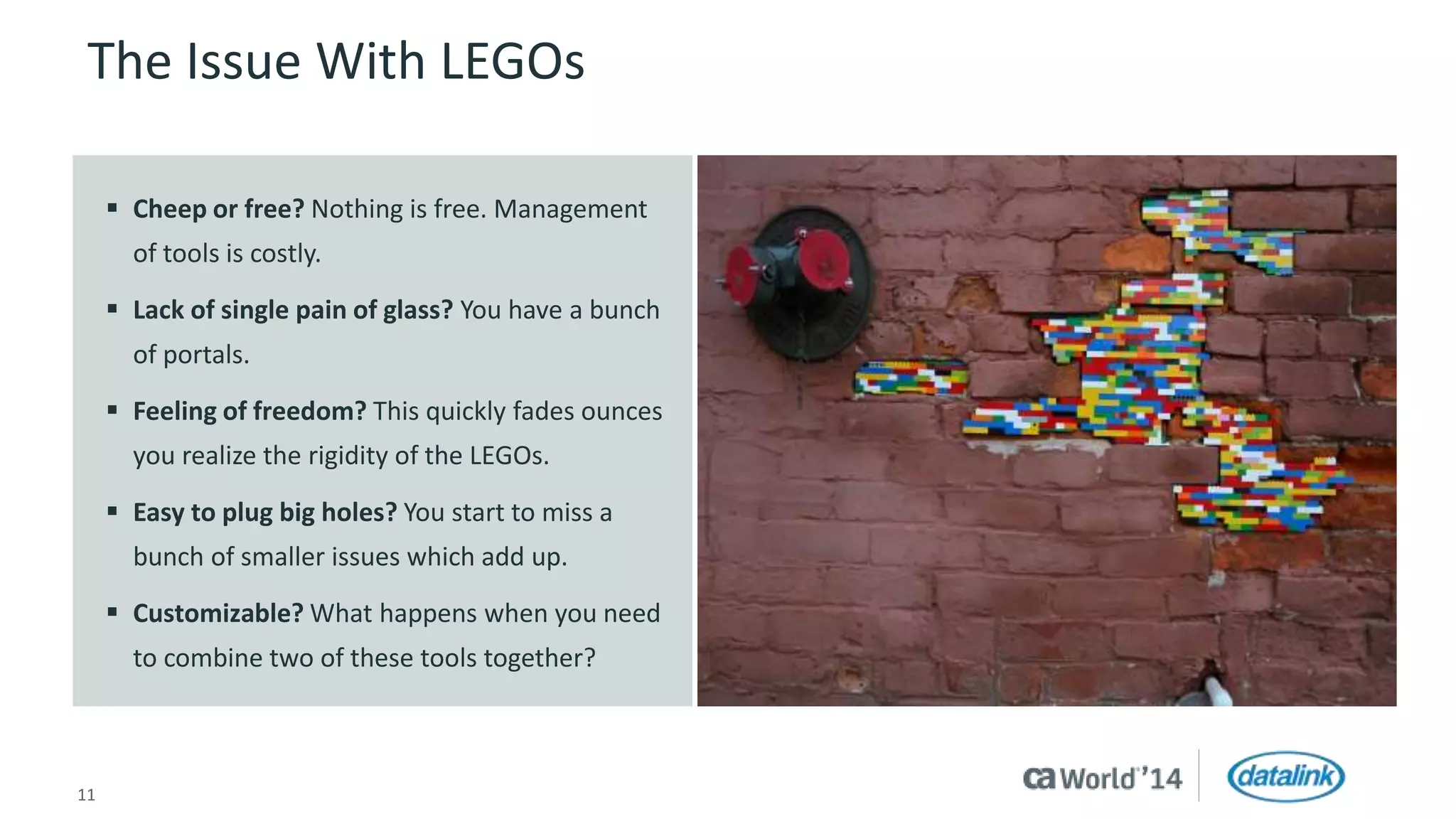 The Issue With LEGOs 
 Cheep or free? Nothing is free. Management 
of tools is costly. 
 Lack of single pain of glass? You have a bunch 
of portals. 
 Feeling of freedom? This quickly fades ounces 
you realize the rigidity of the LEGOs. 
 Easy to plug big holes? You start to miss a 
bunch of smaller issues which add up. 
 Customizable? What happens when you need 
to combine two of these tools together? 
11 © 2014 CA. All rights reserved. 
 