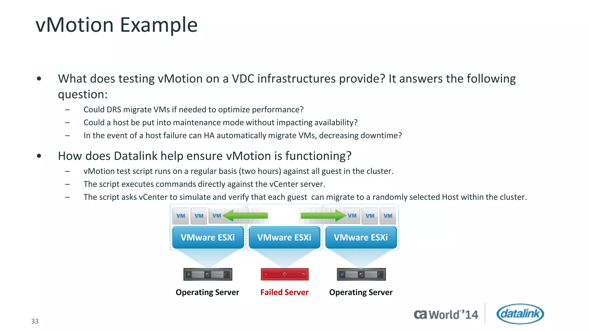 vMotion Example 
• What does testing vMotion on a VDC infrastructures provide? It answers the following 
question: 
– Could DRS migrate VMs if needed to optimize performance? 
– Could a host be put into maintenance mode without impacting availability? 
– In the event of a host failure can HA automatically migrate VMs, decreasing downtime? 
• How does Datalink help ensure vMotion is functioning? 
– vMotion test script runs on a regular basis (two hours) against all guest in the cluster. 
– The script executes commands directly against the vCenter server. 
– The script asks vCenter to simulate and verify that each guest can migrate to a randomly selected Host within the cluster. 
VMware ESXi VMware ESXi VMware ESXi 
Failed Server Operating Server Operating Server 
33 © 2014 CA. All rights reserved. 
 