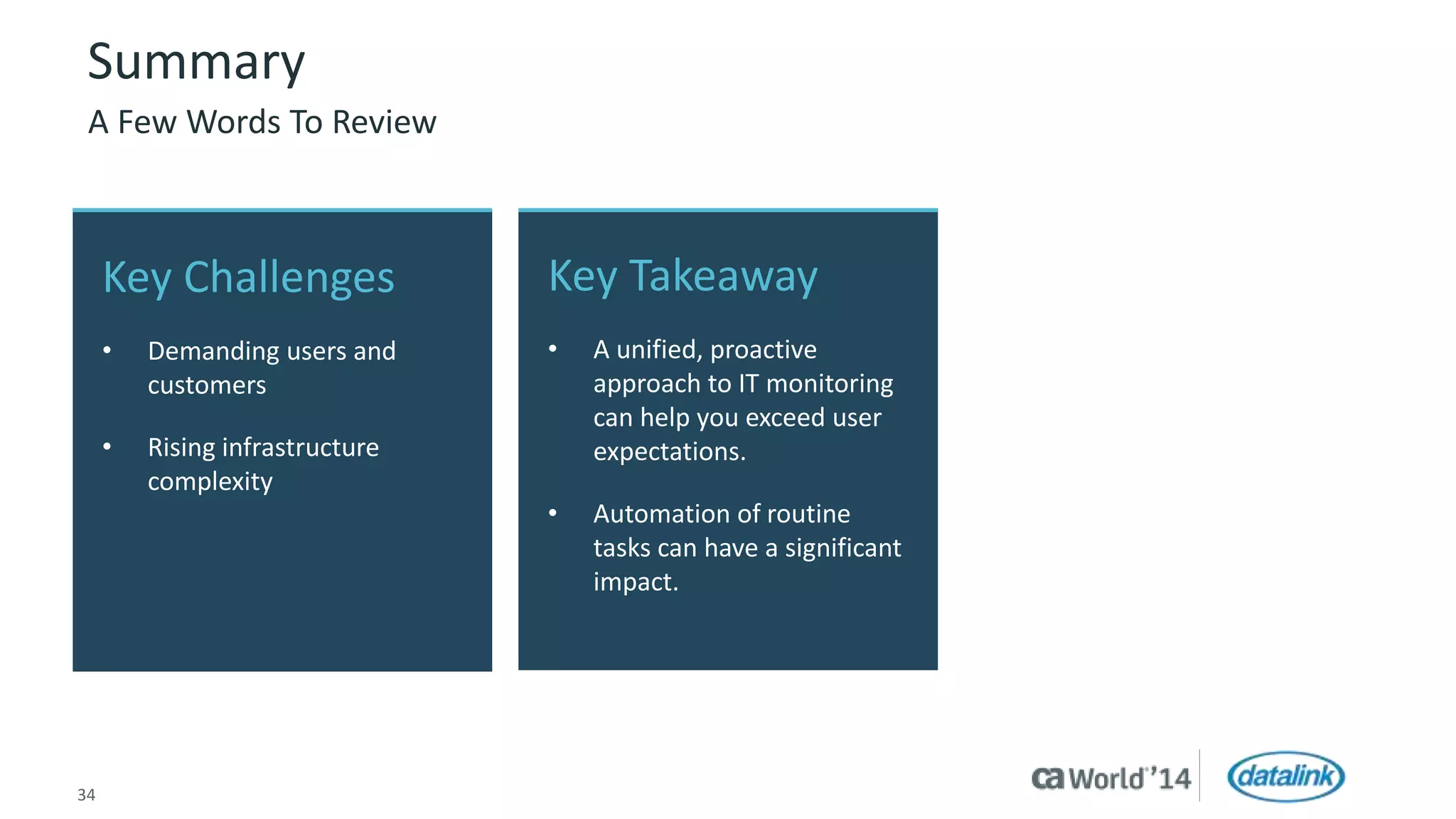 Summary 
A Few Words To Review 
Key Challenges 
• Demanding users and 
customers 
• Rising infrastructure 
complexity 
Key Takeaway 
• A unified, proactive 
approach to IT monitoring 
can help you exceed user 
expectations. 
• Automation of routine 
tasks can have a significant 
impact. 
34 © 2014 CA. All rights reserved. 
 