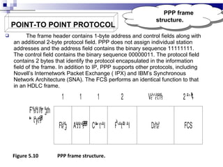 .

POINT-TO POINT PROTOCOL


PPP frame
PPP frame
structure.
structure.

The frame header contains 1-byte address and control fields along with
an additional 2-byte protocol field. PPP does not assign individual station
addresses and the address field contains the binary sequence 11111111.
The control field contains the binary sequence 00000011. The protocol field
contains 2 bytes that identify the protocol encapsulated in the information
field of the frame. In addition to IP, PPP supports other protocols, including
Novell’s Internetwork Packet Exchange ( IPX) and IBM’s Synchronous
Network Architecture (SNA). The FCS performs an identical function to that
in an HDLC frame.

Figure 5.10

PPP frame structure.

 