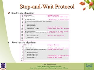 SSttoopp--aanndd--WWaaiitt PPrroottooccooll 
Sender-site algorithm 
• Receiver-site algorithm 
Dr. Md. Abdur Razzaque 
Green Networking Research Group 
Dept. of Computer Science and Engineering, University of Dhaka 
 