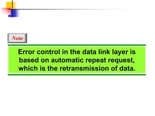 Error control in the data link layer is
based on automatic repeat request,
which is the retransmission of data.
Note
 
