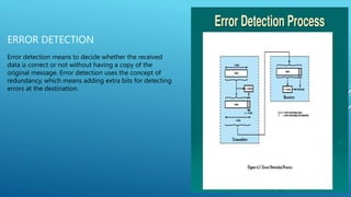 ERROR DETECTION
Error detection means to decide whether the received
data is correct or not without having a copy of the
original message. Error detection uses the concept of
redundancy, which means adding extra bits for detecting
errors at the destination.
 