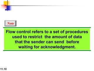 11.10
Flow control refers to a set of procedures
used to restrict the amount of data
that the sender can send before
waiting for acknowledgment.
Note
 