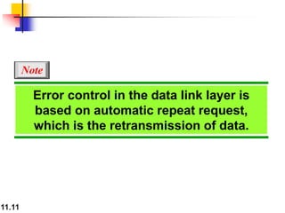 11.11
Error control in the data link layer is
based on automatic repeat request,
which is the retransmission of data.
Note
 