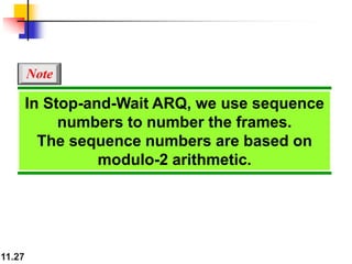 11.27
In Stop-and-Wait ARQ, we use sequence
numbers to number the frames.
The sequence numbers are based on
modulo-2 arithmetic.
Note
 
