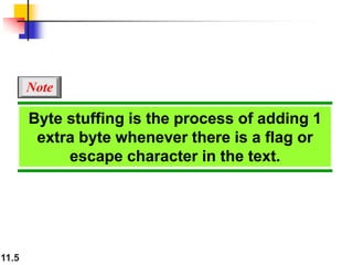 11.5
Byte stuffing is the process of adding 1
extra byte whenever there is a flag or
escape character in the text.
Note
 