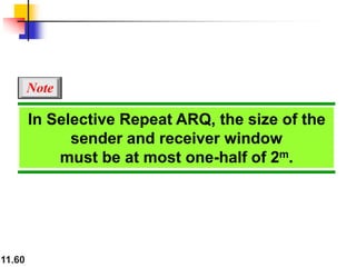 11.60
In Selective Repeat ARQ, the size of the
sender and receiver window
must be at most one-half of 2m.
Note
 