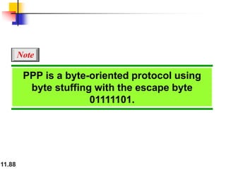 11.88
PPP is a byte-oriented protocol using
byte stuffing with the escape byte
01111101.
Note
 