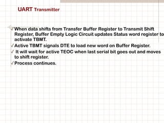 UART Transmitter
✓When data shifts from Transfer Buffer Register to Transmit Shift
Register, Buffer Empty Logic Circuit updates Status word register to
activate TBMT.
✓Active TBMT signals DTE to load new word on Buffer Register.
✓ It will wait for active TEOC when last serial bit goes out and moves
to shift register.
✓Process continues.
 