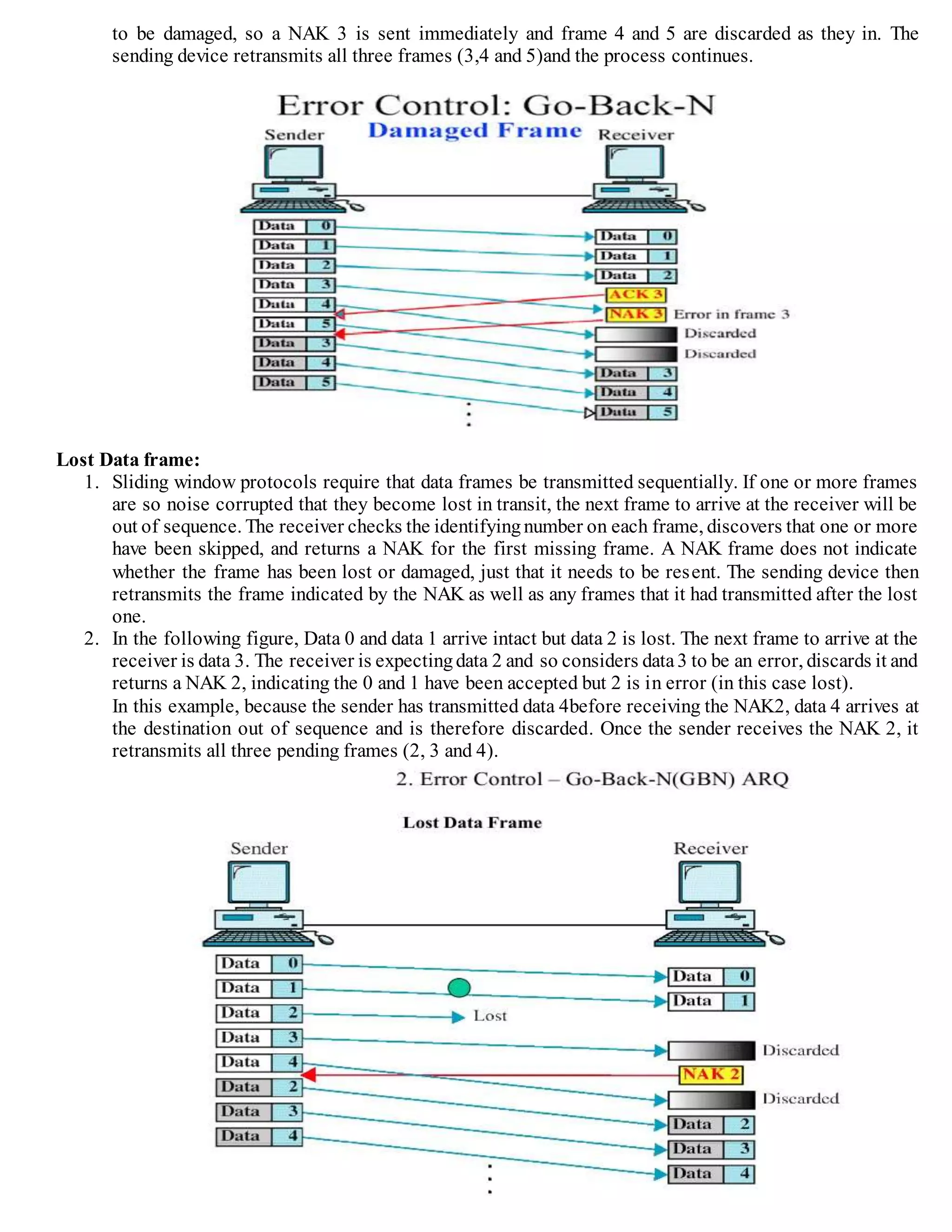 to be damaged, so a NAK 3 is sent immediately and frame 4 and 5 are discarded as they in. The
sending device retransmits all three frames (3,4 and 5)and the process continues.
Lost Data frame:
1. Sliding window protocols require that data frames be transmitted sequentially. If one or more frames
are so noise corrupted that they become lost in transit, the next frame to arrive at the receiver will be
out of sequence. The receiver checks the identifyingnumber on each frame, discovers that one or more
have been skipped, and returns a NAK for the first missing frame. A NAK frame does not indicate
whether the frame has been lost or damaged, just that it needs to be resent. The sending device then
retransmits the frame indicated by the NAK as well as any frames that it had transmitted after the lost
one.
2. In the following figure, Data 0 and data 1 arrive intact but data 2 is lost. The next frame to arrive at the
receiver is data 3. The receiver is expectingdata 2 and so considers data3 to be an error, discards it and
returns a NAK 2, indicating the 0 and 1 have been accepted but 2 is in error (in this case lost).
In this example, because the sender has transmitted data 4before receiving the NAK2, data 4 arrives at
the destination out of sequence and is therefore discarded. Once the sender receives the NAK 2, it
retransmits all three pending frames (2, 3 and 4).
 
