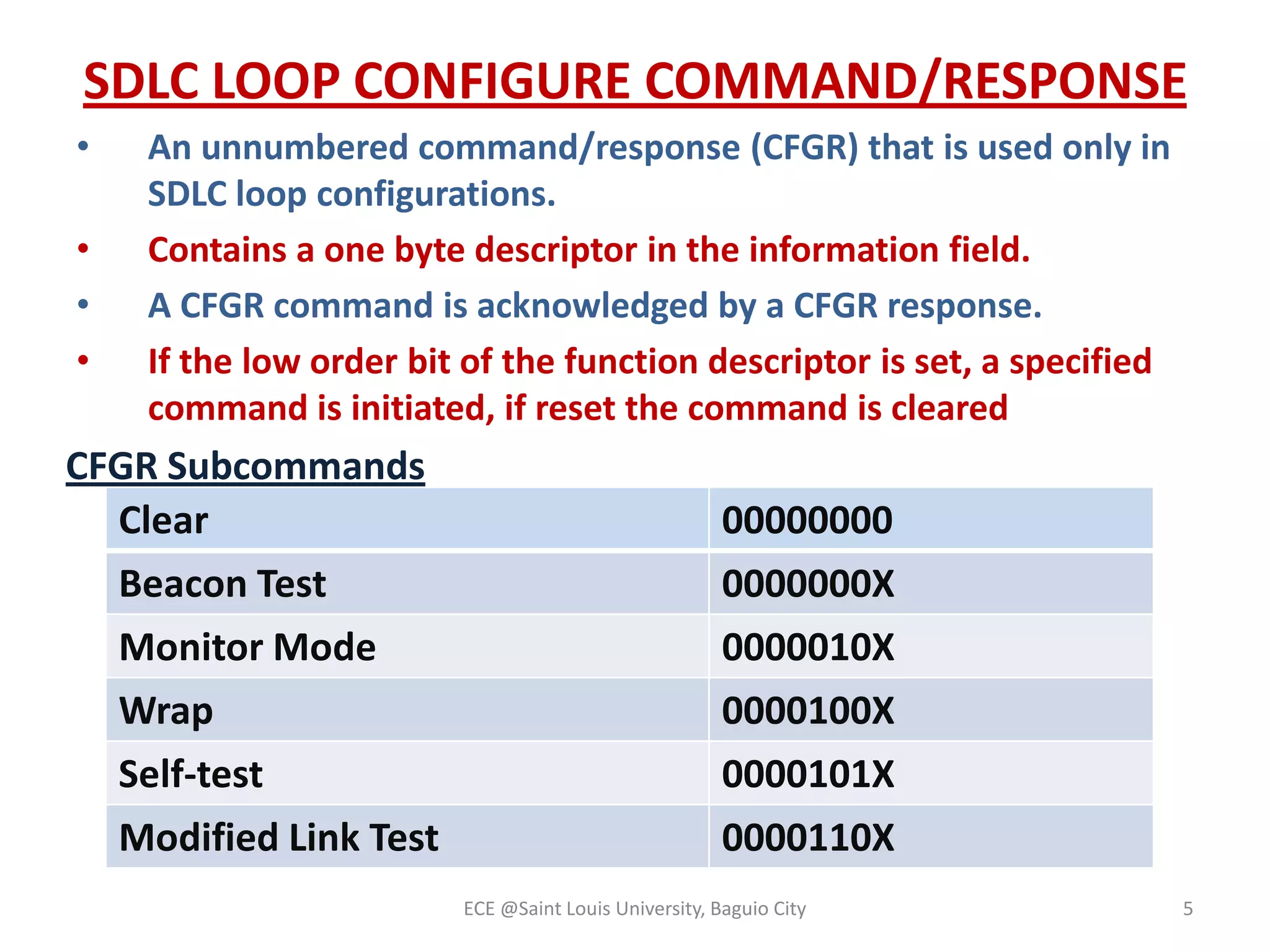 SDLC LOOP CONFIGURE COMMAND/RESPONSE
•
•
•
•

An unnumbered command/response (CFGR) that is used only in
SDLC loop configurations.
Contains a one byte descriptor in the information field.
A CFGR command is acknowledged by a CFGR response.
If the low order bit of the function descriptor is set, a specified
command is initiated, if reset the command is cleared

CFGR Subcommands
Clear
Beacon Test
Monitor Mode
Wrap
Self-test
Modified Link Test

00000000
0000000X
0000010X
0000100X
0000101X

0000110X
ECE @Saint Louis University, Baguio City

5

 