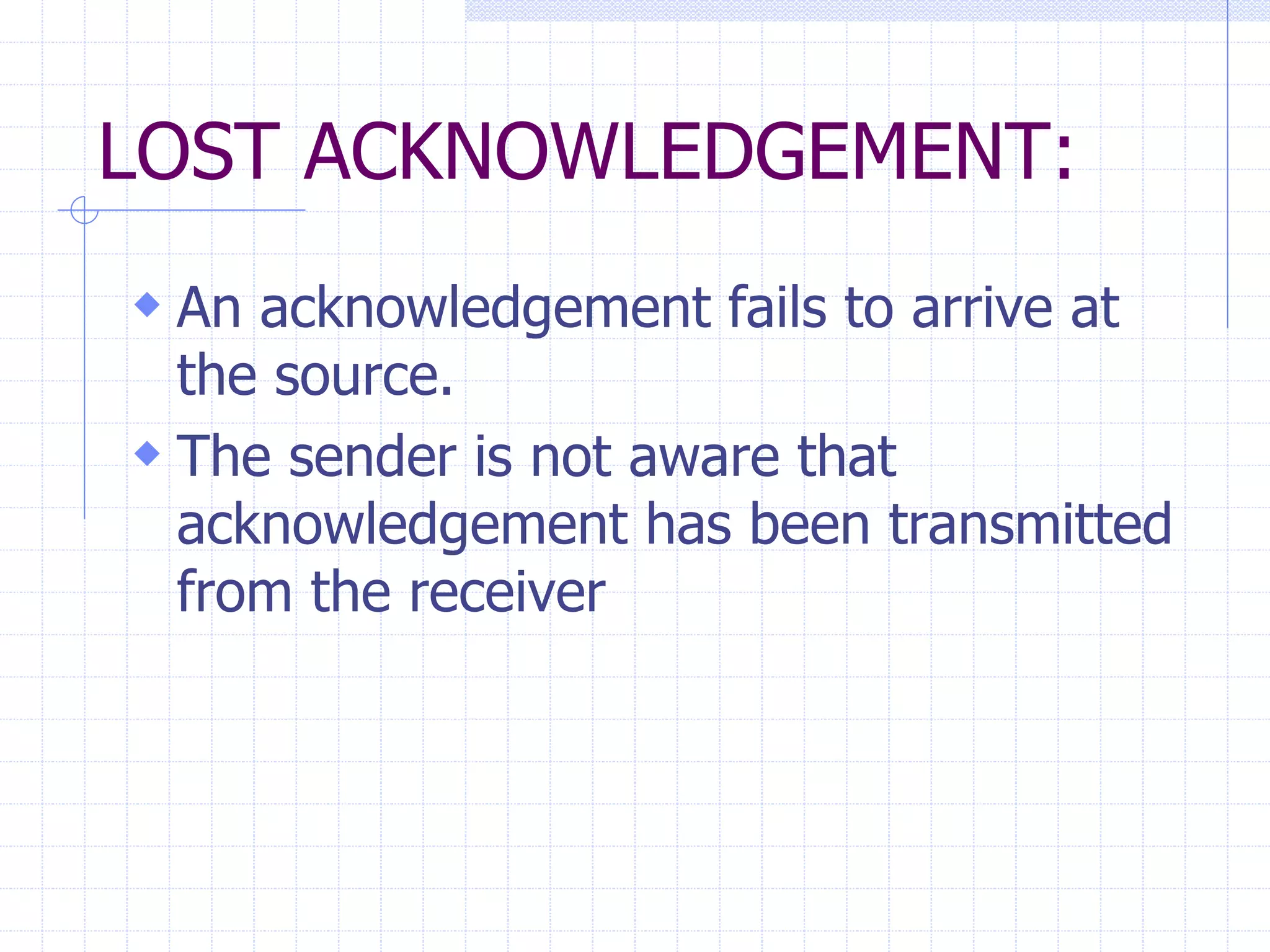 LOST ACKNOWLEDGEMENT: 
 An acknowledgement fails to arrive at 
the source. 
 The sender is not aware that 
acknowledgement has been transmitted 
from the receiver 
 