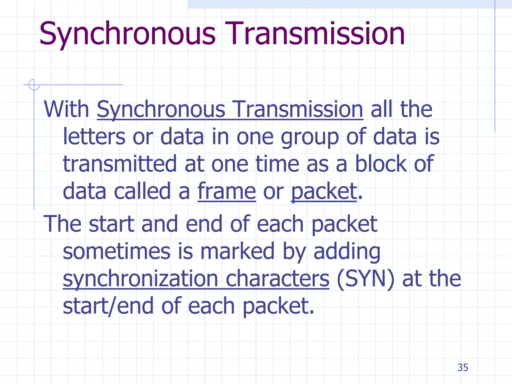 35 
Synchronous Transmission 
With Synchronous Transmission all the 
letters or data in one group of data is 
transmitted at one time as a block of 
data called a frame or packet. 
The start and end of each packet 
sometimes is marked by adding 
synchronization characters (SYN) at the 
start/end of each packet. 
 