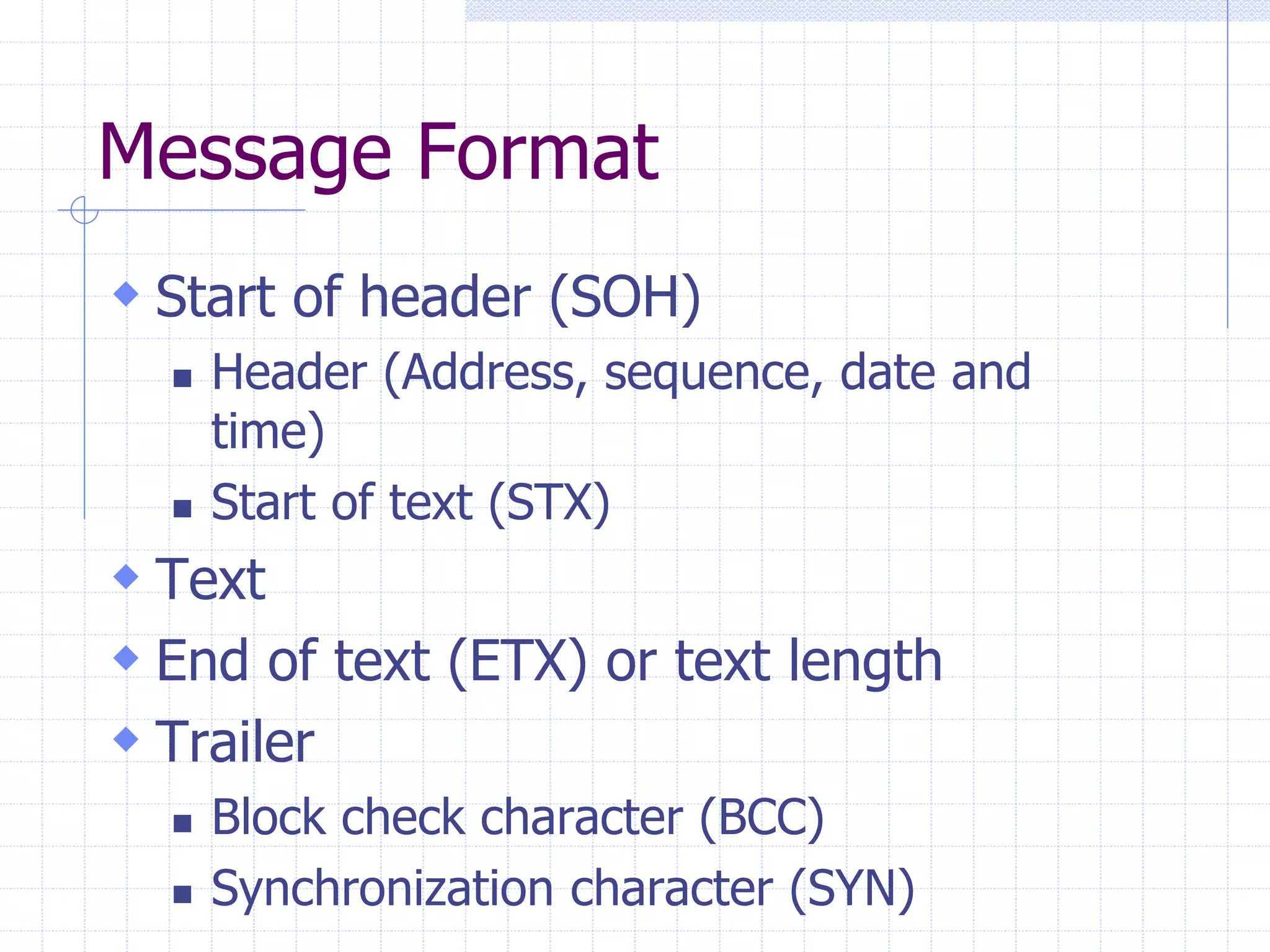 Message Format 
 Start of header (SOH) 
 Header (Address, sequence, date and 
time) 
 Start of text (STX) 
 Text 
 End of text (ETX) or text length 
 Trailer 
 Block check character (BCC) 
 Synchronization character (SYN) 
 