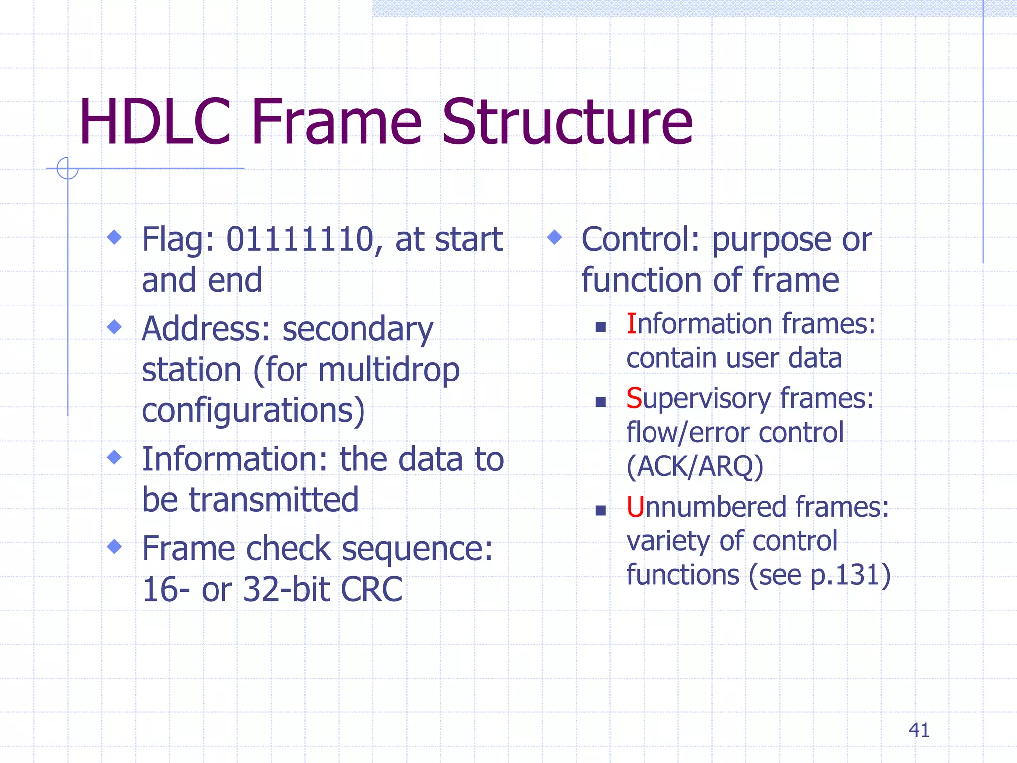 41 
HDLC Frame Structure 
 Flag: 01111110, at start 
and end 
 Address: secondary 
station (for multidrop 
configurations) 
 Information: the data to 
be transmitted 
 Frame check sequence: 
16- or 32-bit CRC 
 Control: purpose or 
function of frame 
 Information frames: 
contain user data 
 Supervisory frames: 
flow/error control 
(ACK/ARQ) 
 Unnumbered frames: 
variety of control 
functions (see p.131) 
 