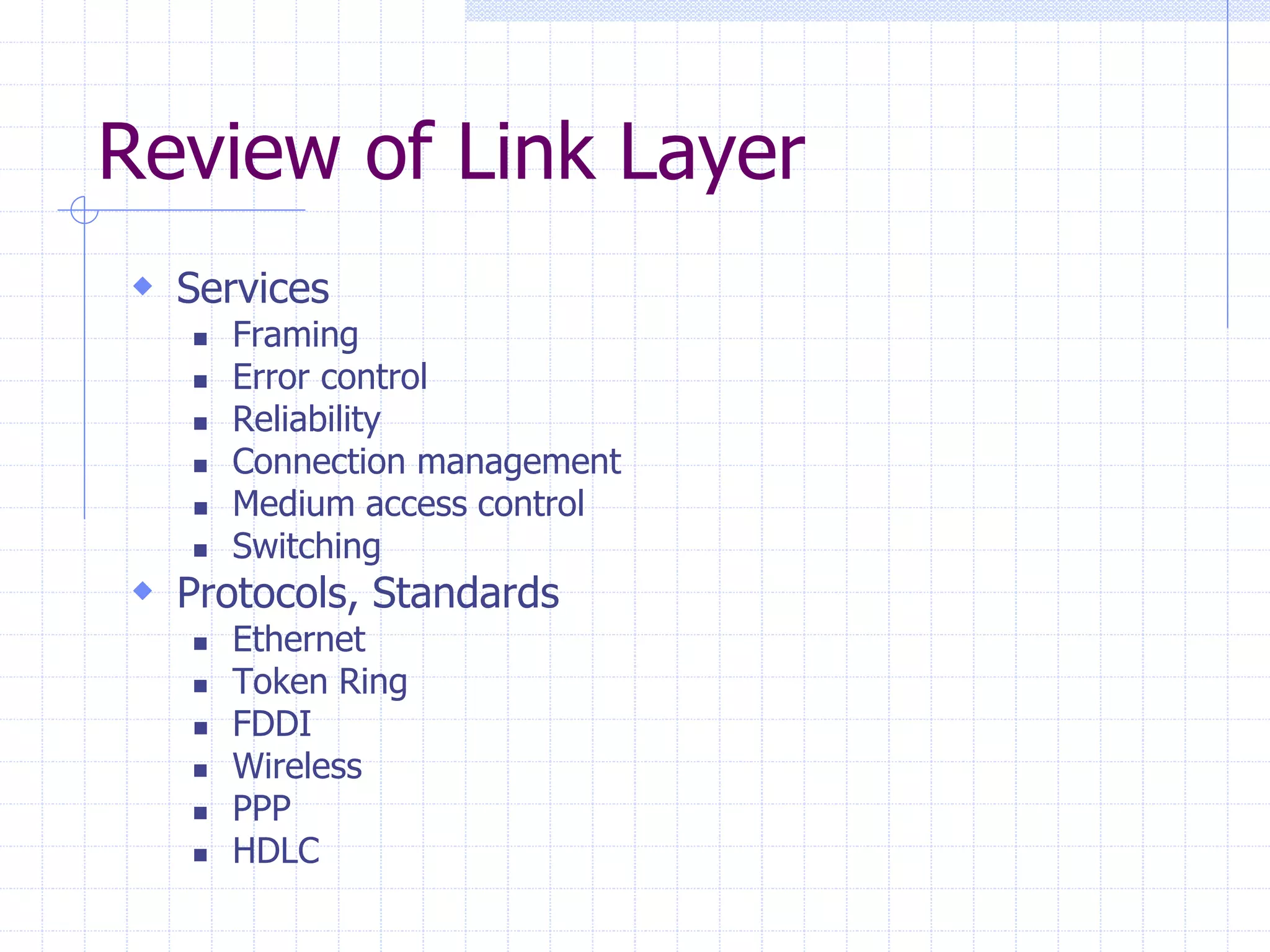 Review of Link Layer 
 Services 
 Framing 
 Error control 
 Reliability 
 Connection management 
 Medium access control 
 Switching 
 Protocols, Standards 
 Ethernet 
 Token Ring 
 FDDI 
 Wireless 
 PPP 
 HDLC 
 