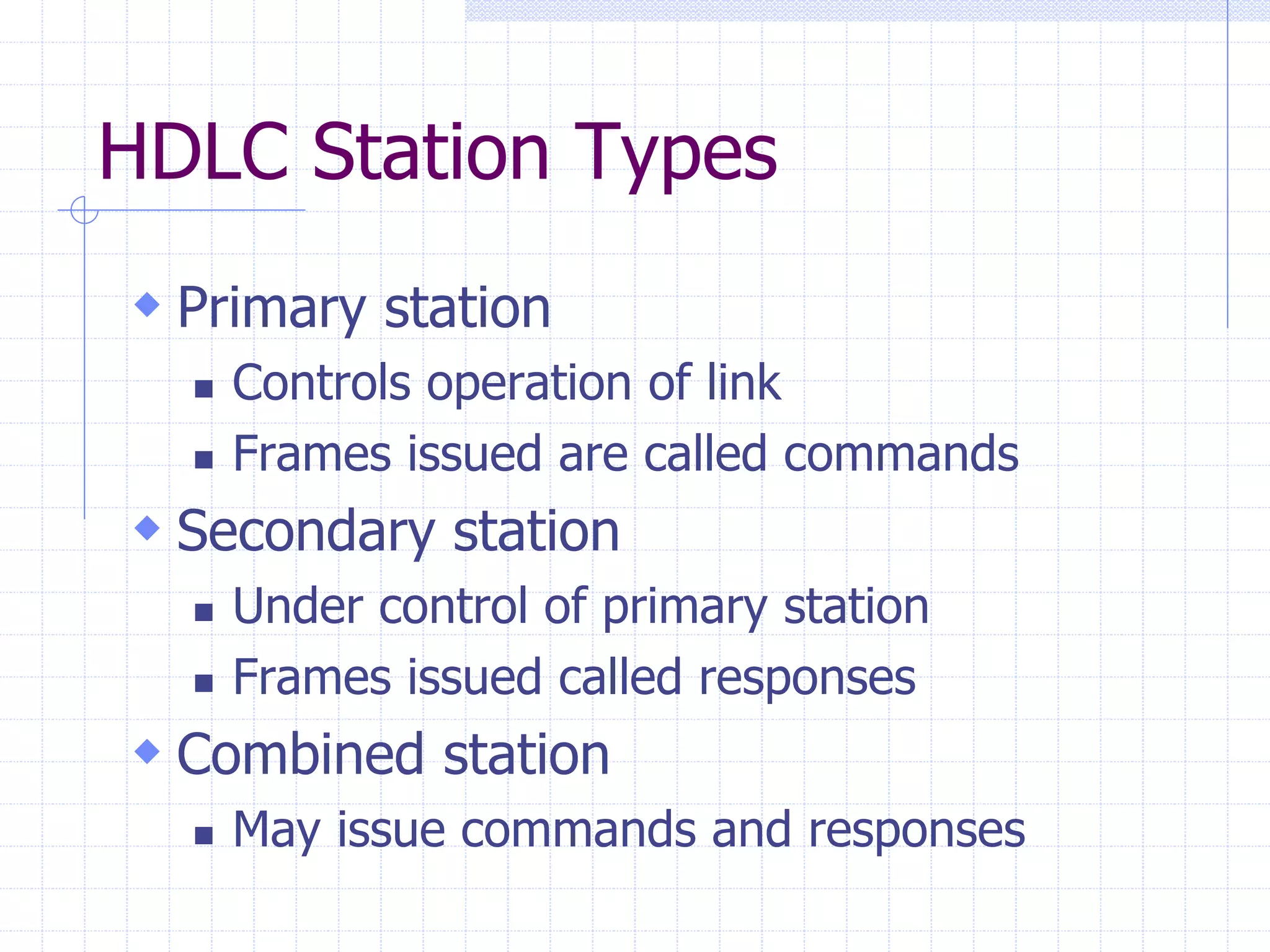 HDLC Station Types 
 Primary station 
 Controls operation of link 
 Frames issued are called commands 
 Secondary station 
 Under control of primary station 
 Frames issued called responses 
 Combined station 
 May issue commands and responses 
 