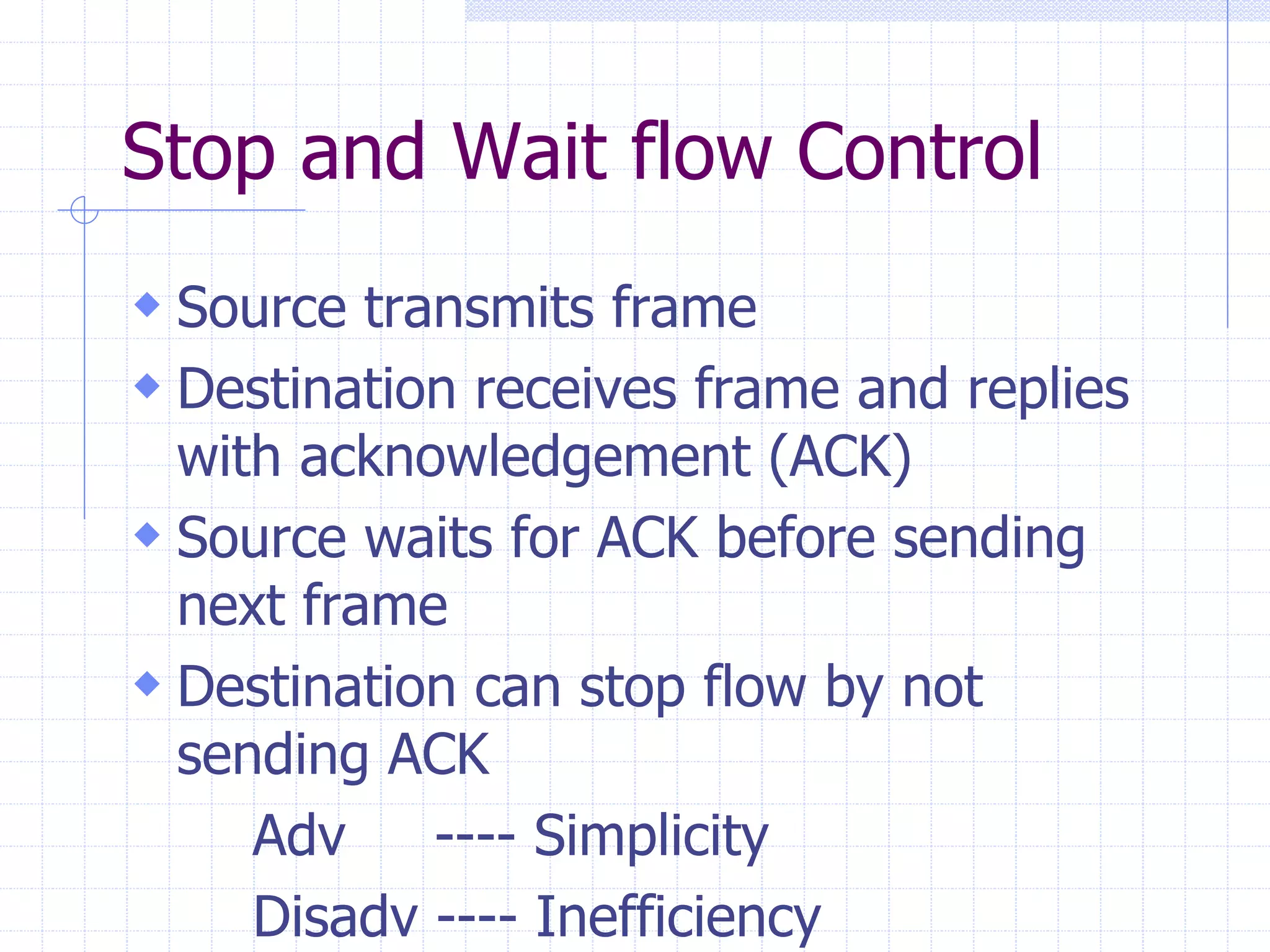 Stop and Wait flow Control 
 Source transmits frame 
 Destination receives frame and replies 
with acknowledgement (ACK) 
 Source waits for ACK before sending 
next frame 
 Destination can stop flow by not 
sending ACK 
Adv ---- Simplicity 
Disadv ---- Inefficiency 
 