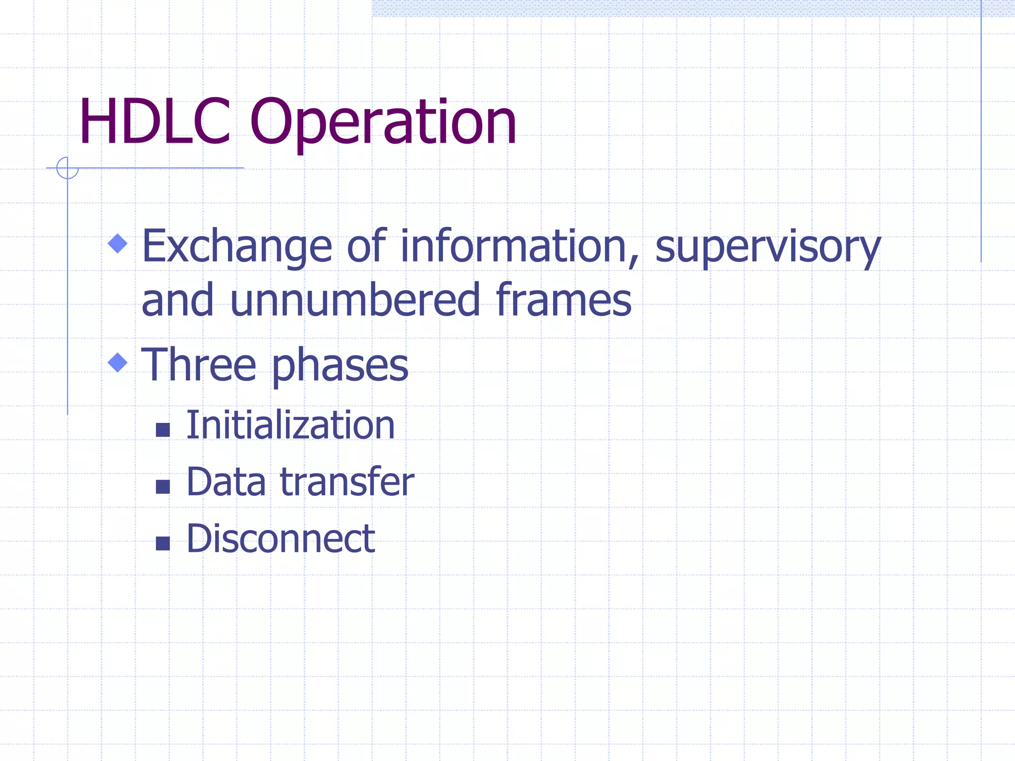 HDLC Operation 
 Exchange of information, supervisory 
and unnumbered frames 
 Three phases 
 Initialization 
 Data transfer 
 Disconnect 
 
