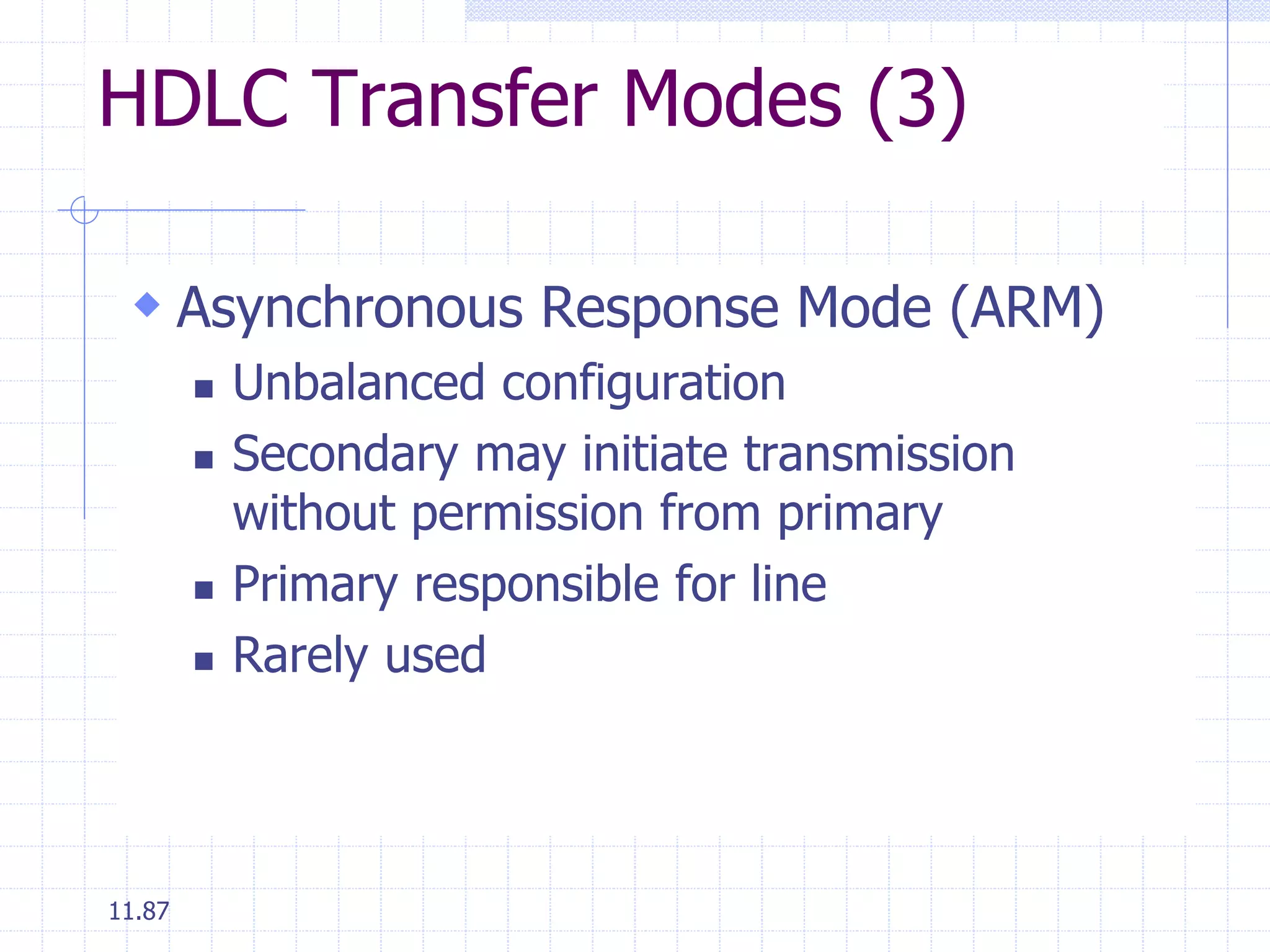 HDLC Transfer Modes (3) 
 Asynchronous Response Mode (ARM) 
11.87 
 Unbalanced configuration 
 Secondary may initiate transmission 
without permission from primary 
 Primary responsible for line 
 Rarely used 
 