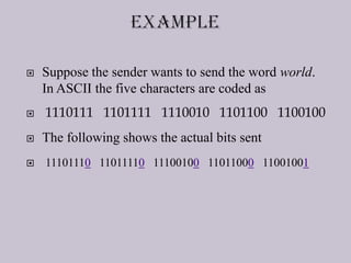 Suppose the sender wants to send the word world.
In ASCII the five characters are coded as
 1110111 1101111 1110010 1101100 1100100
 The following shows the actual bits sent
 11101110 11011110 11100100 11011000 11001001
 